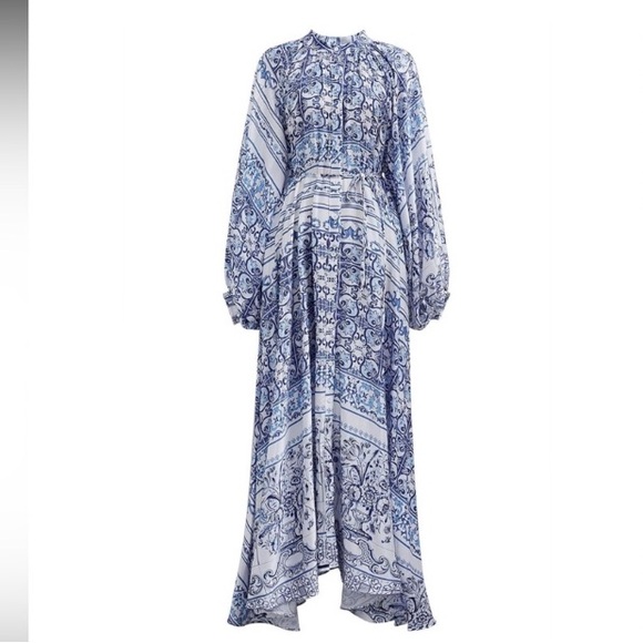 CHICWISH Blue White Tile Italian Print Pleated Long Sleeve Maxi Dress - Picture 14 of 14